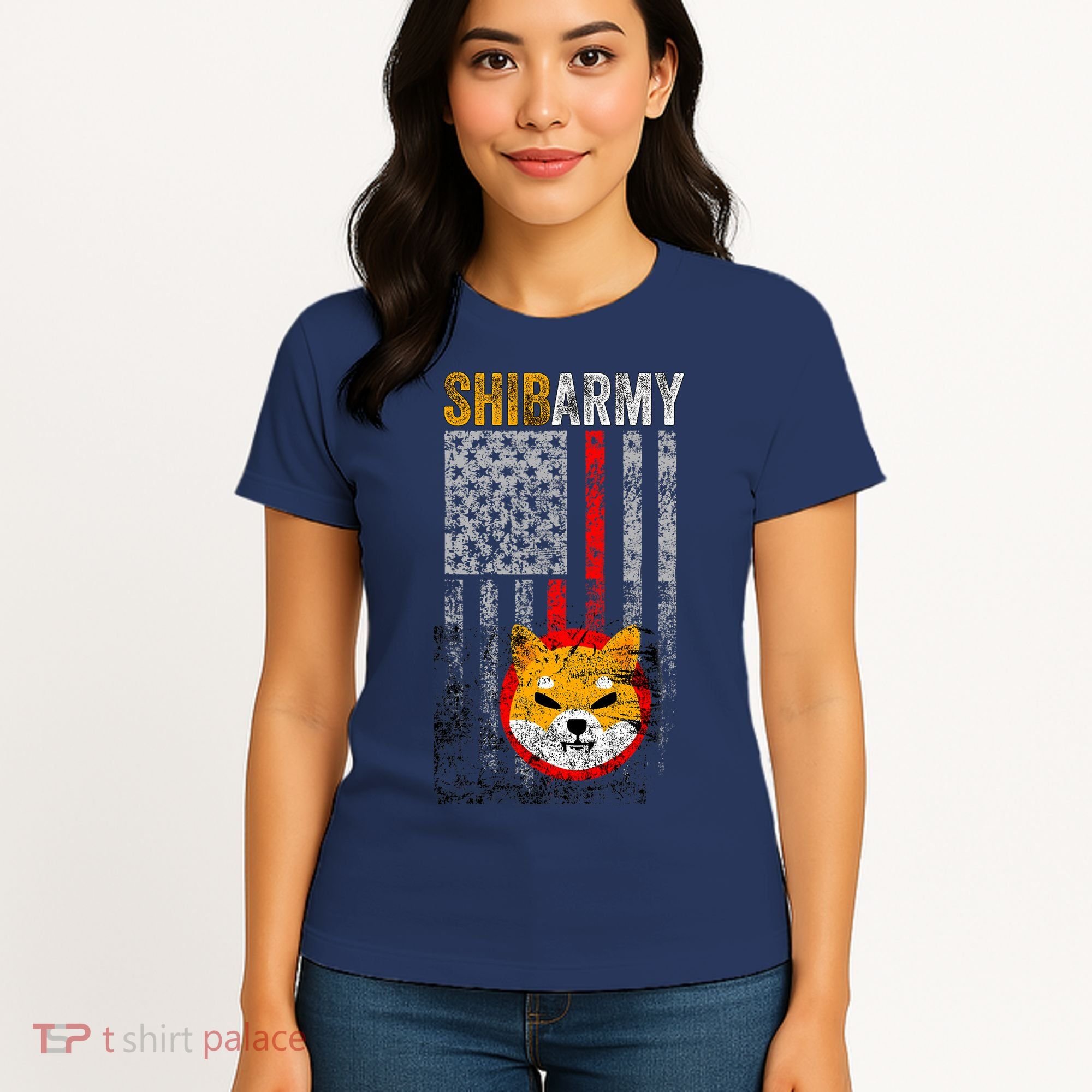 Shiba Army, Shiba Inu Coin With American Flag Women's T-Shirt