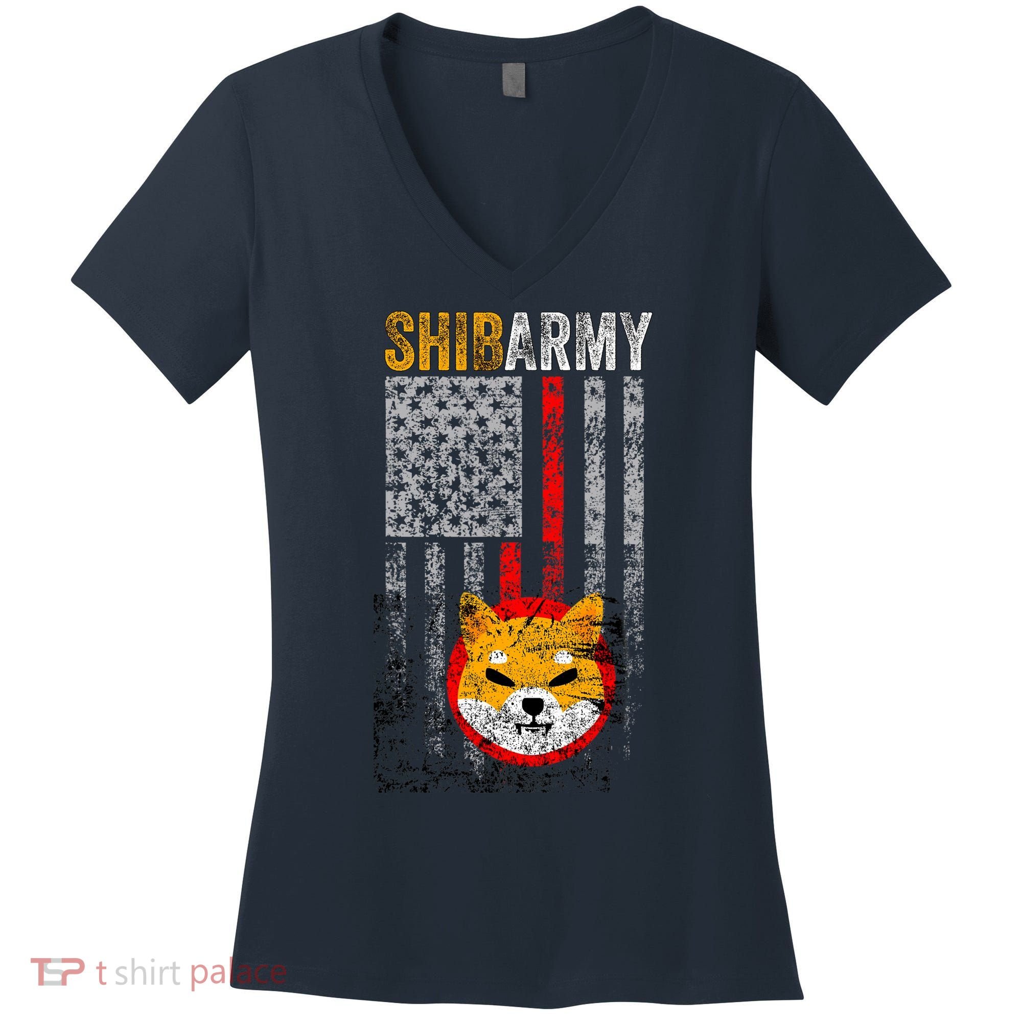 Shiba Army, Shiba Inu Coin With American Flag Women's V-Neck T-Shirt