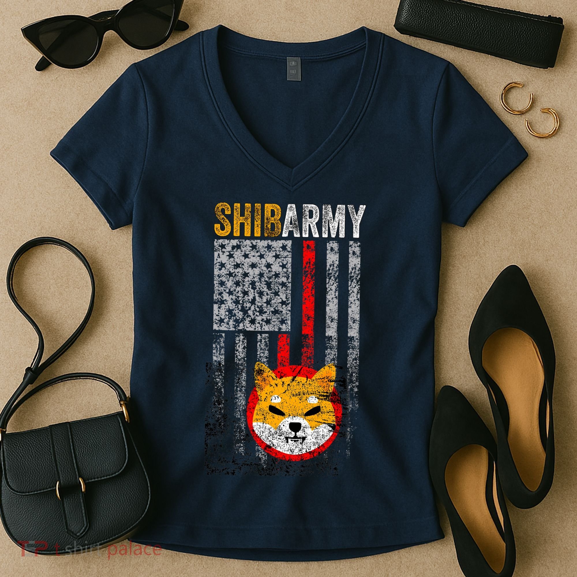 Shiba Army, Shiba Inu Coin With American Flag Women's V-Neck T-Shirt