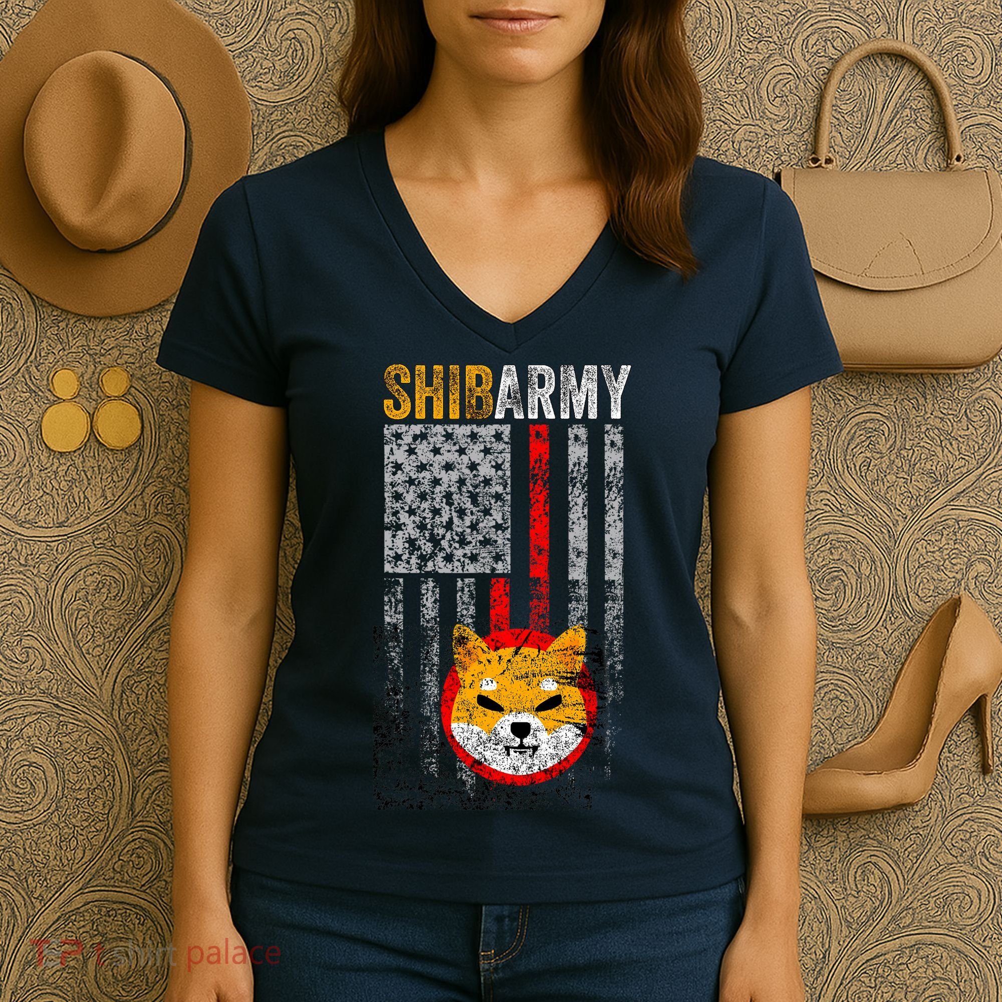 Shiba Army, Shiba Inu Coin With American Flag Women's V-Neck T-Shirt