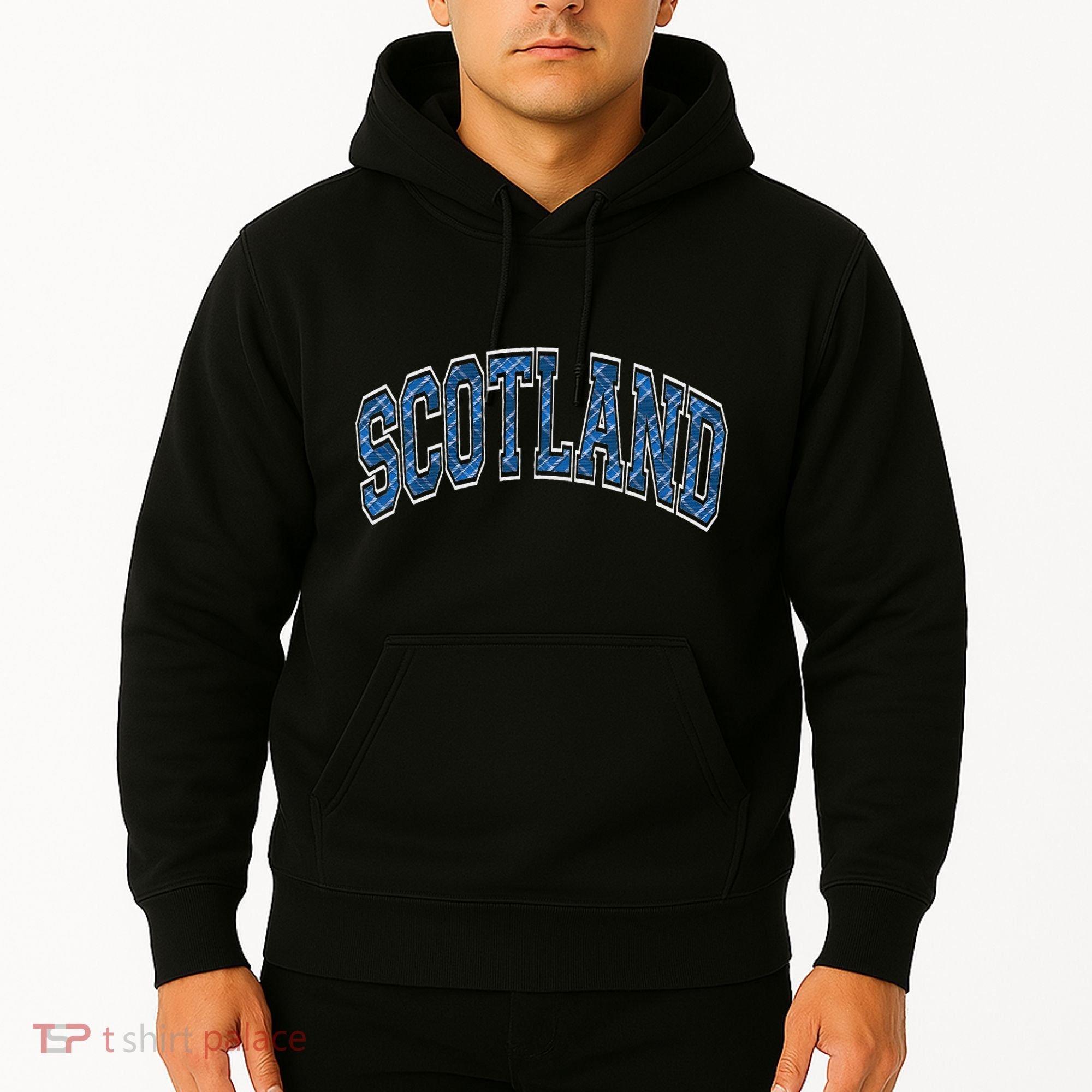 Scotland Arched Style Text Blue Plaid Pattern Hoodie