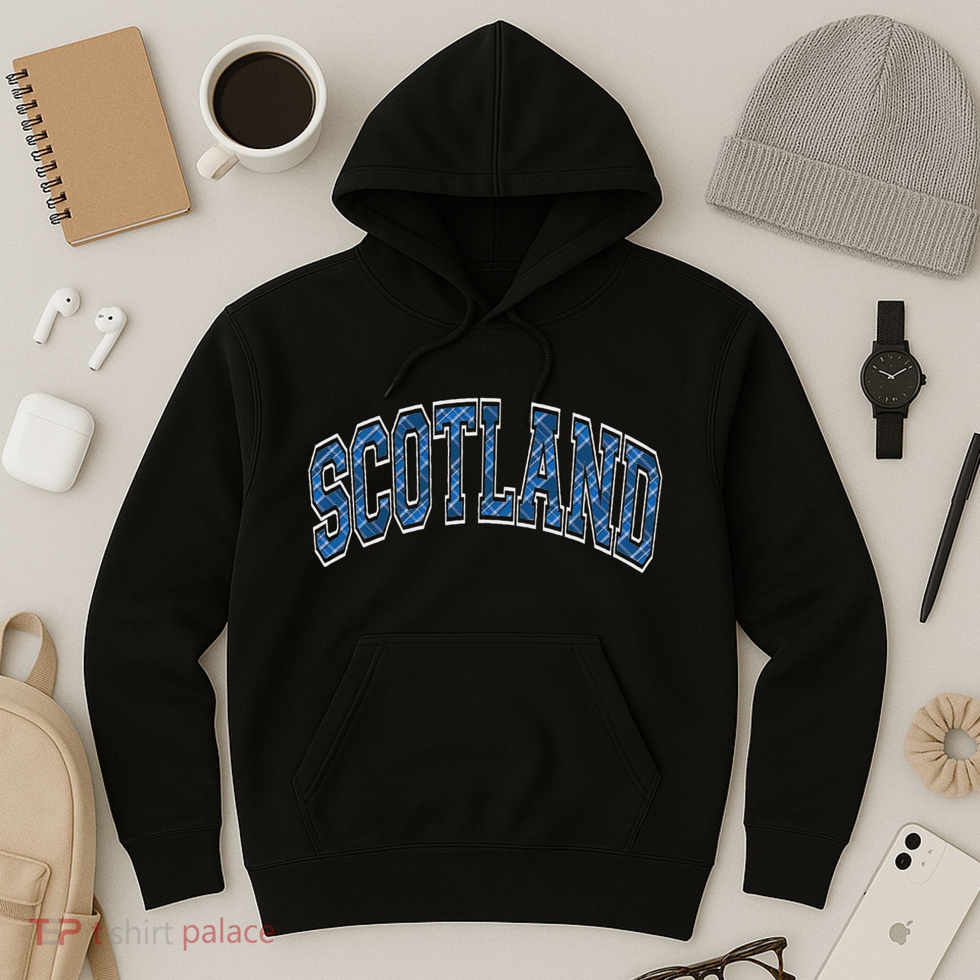 Scotland Arched Style Text Blue Plaid Pattern Hoodie