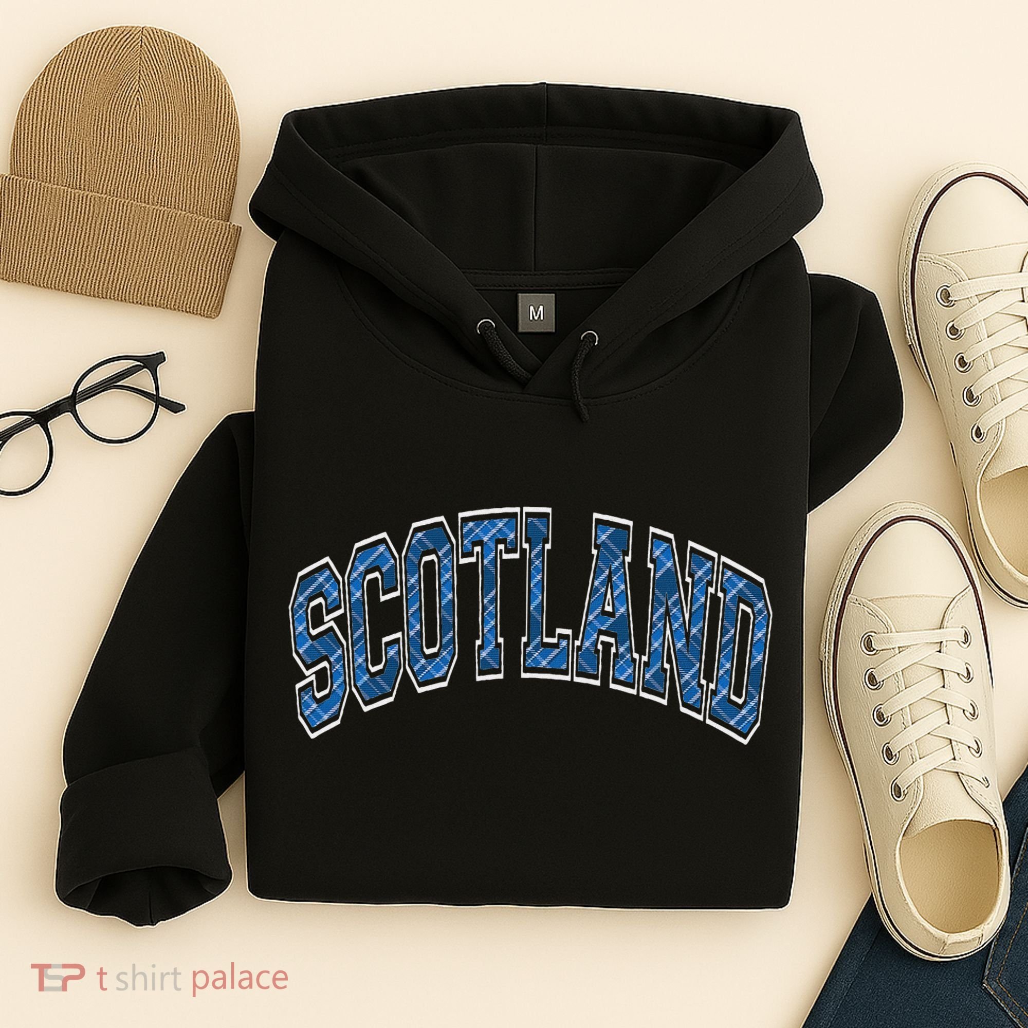 Scotland Arched Style Text Blue Plaid Pattern Hoodie