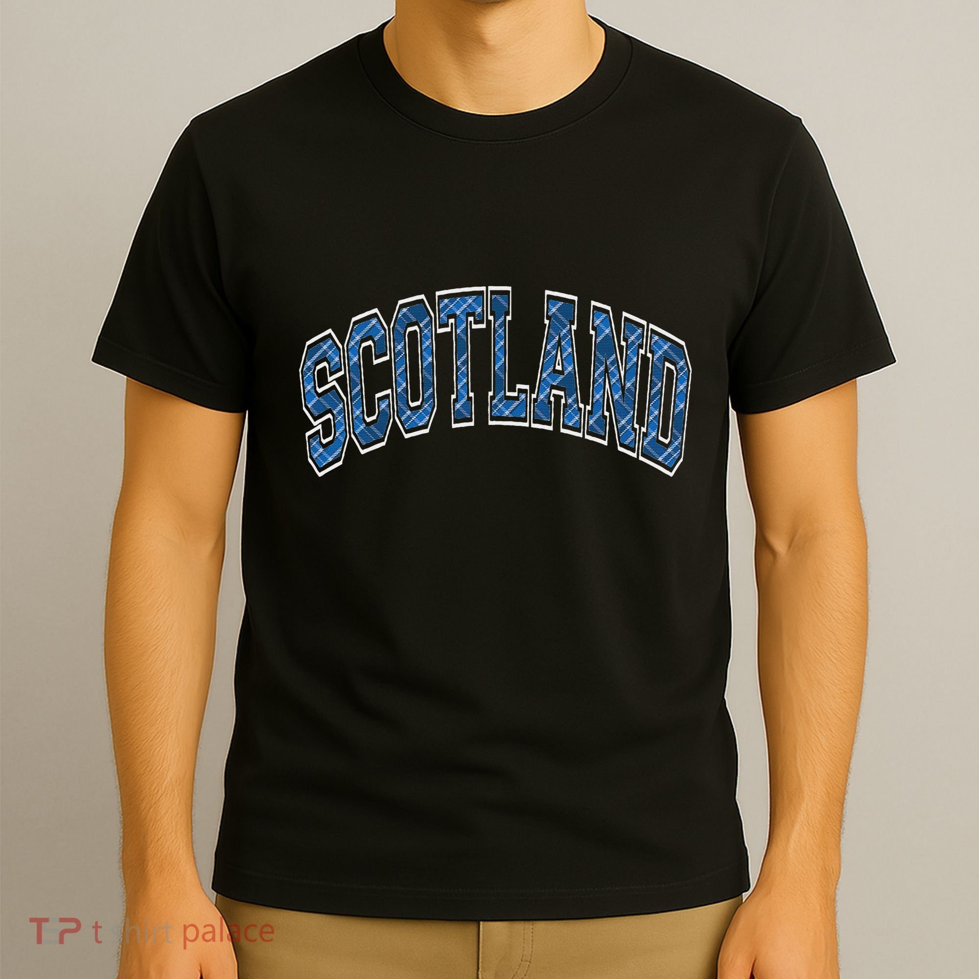 Scotland Arched Style Text Blue Plaid Pattern T-Shirt