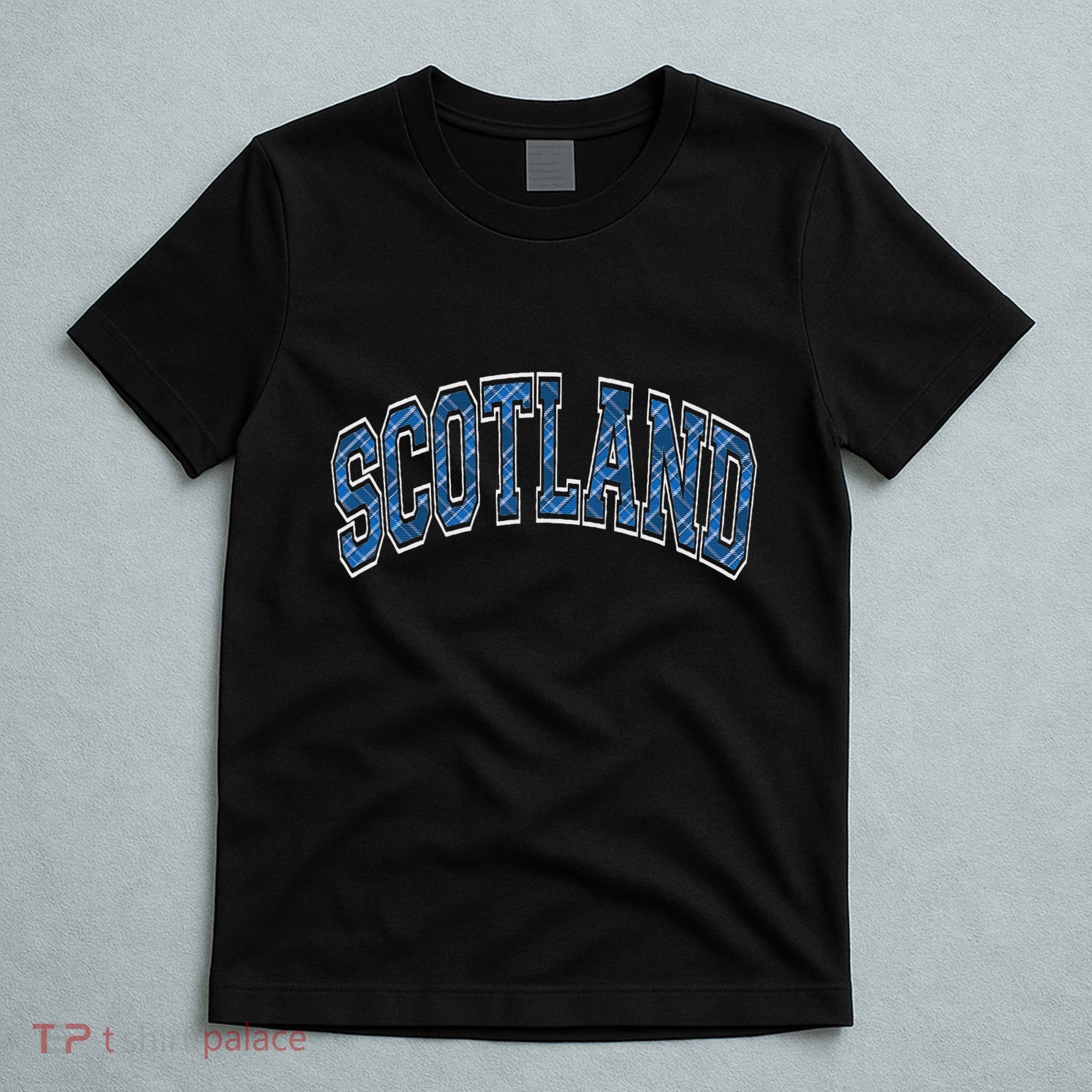 Scotland Arched Style Text Blue Plaid Pattern T-Shirt