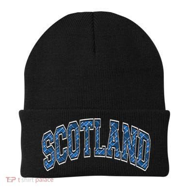 Scotland Arched Style Text Blue Plaid Pattern Beanie