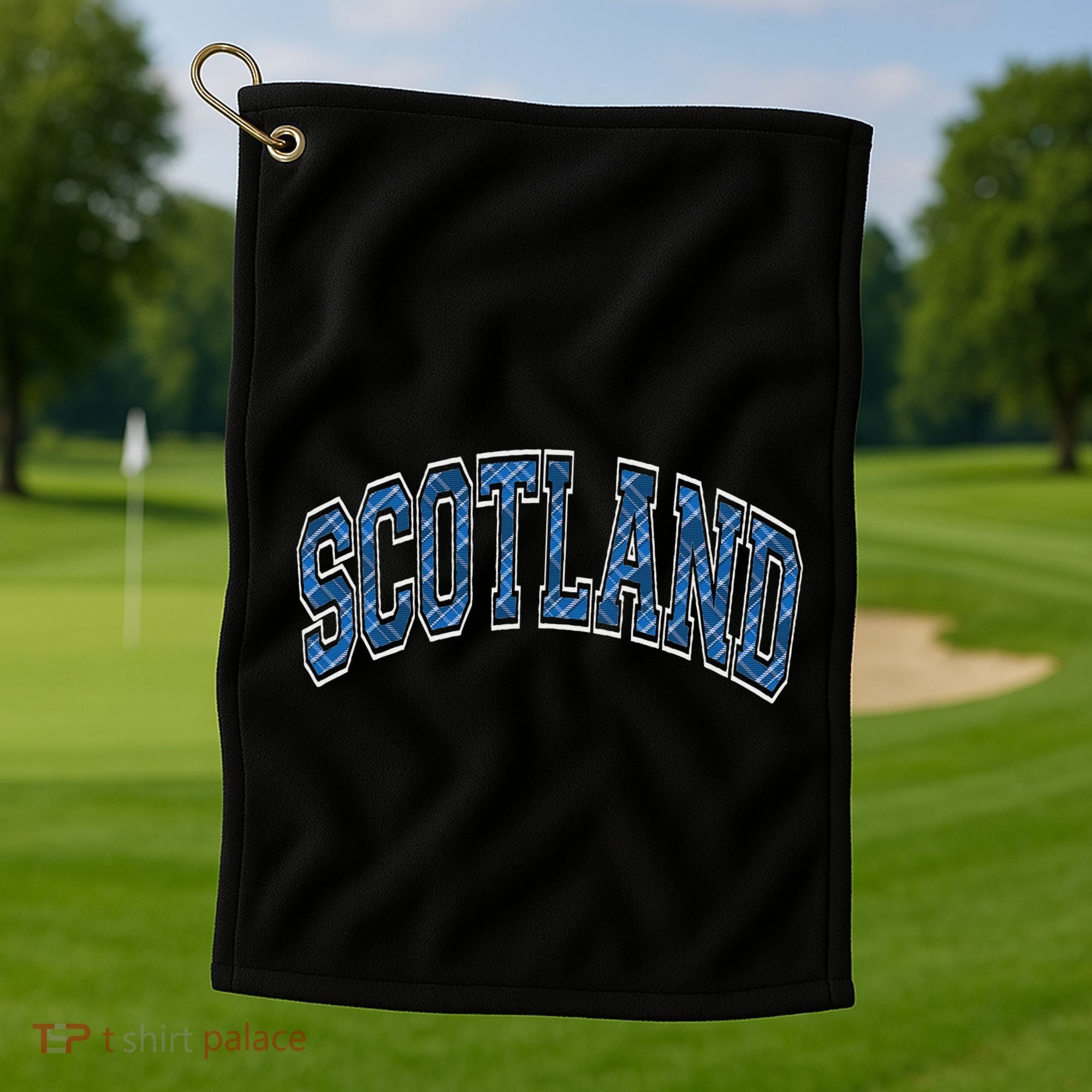 Scotland Arched Style Text Blue Plaid Pattern Golf Towel