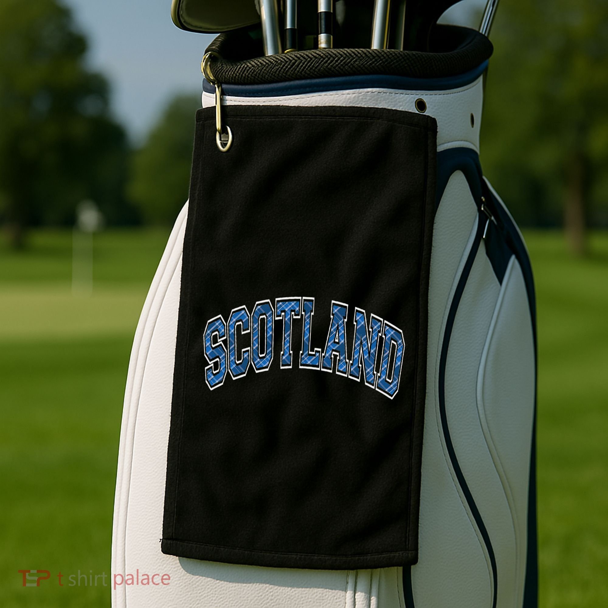 Scotland Arched Style Text Blue Plaid Pattern Golf Towel