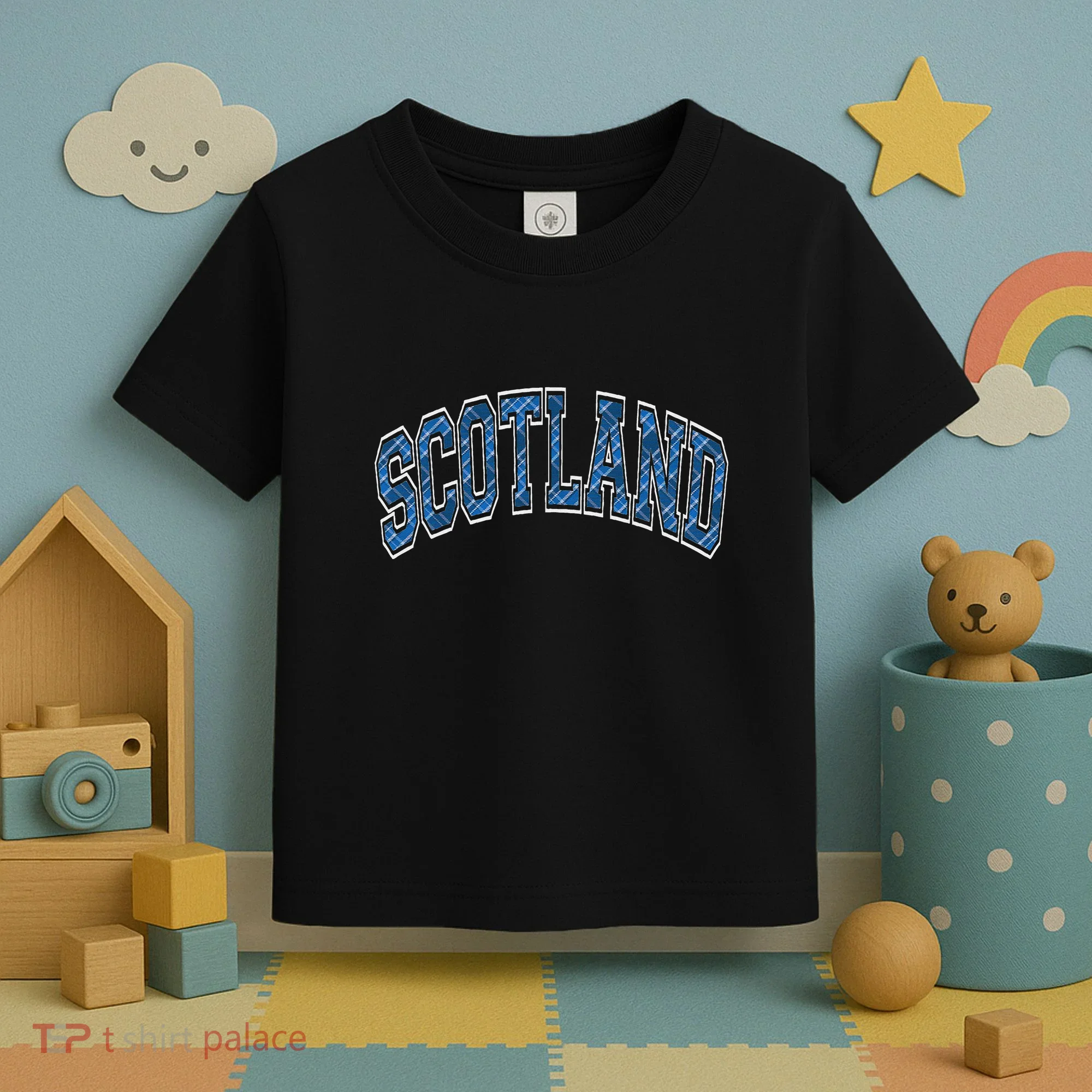 Scotland Arched Style Text Blue Plaid Pattern Toddler T-Shirt