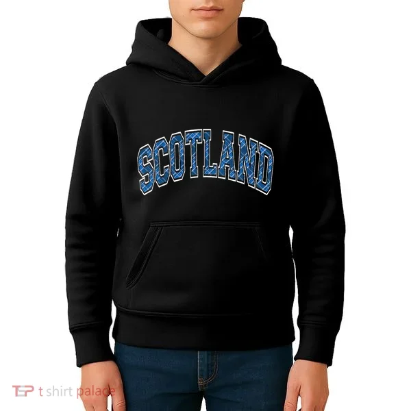 Scotland Arched Style Text Blue Plaid Pattern Kids Hoodie