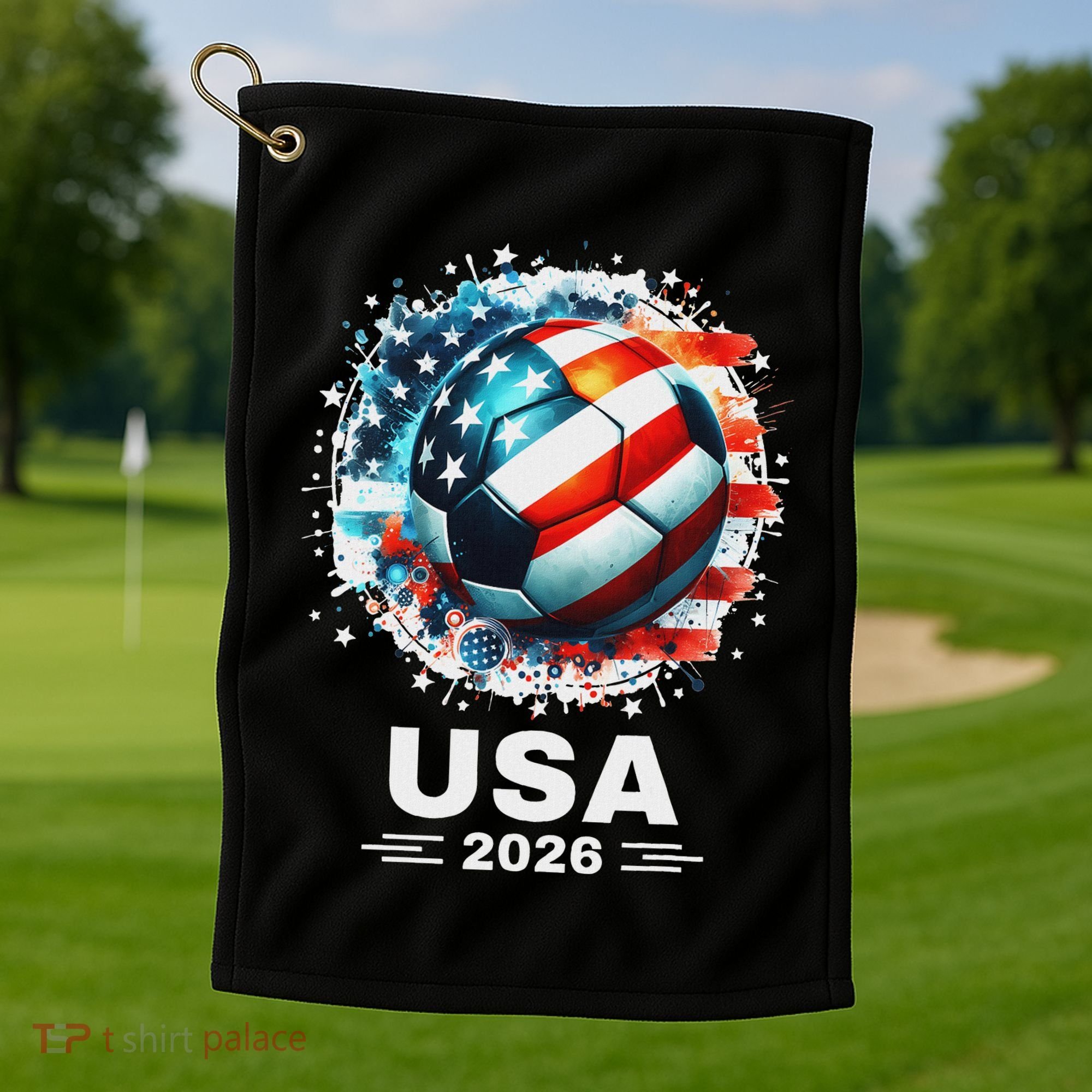 Soccer Apparel Soccer Player American Flag Cup Soccer 2026 Golf Towel