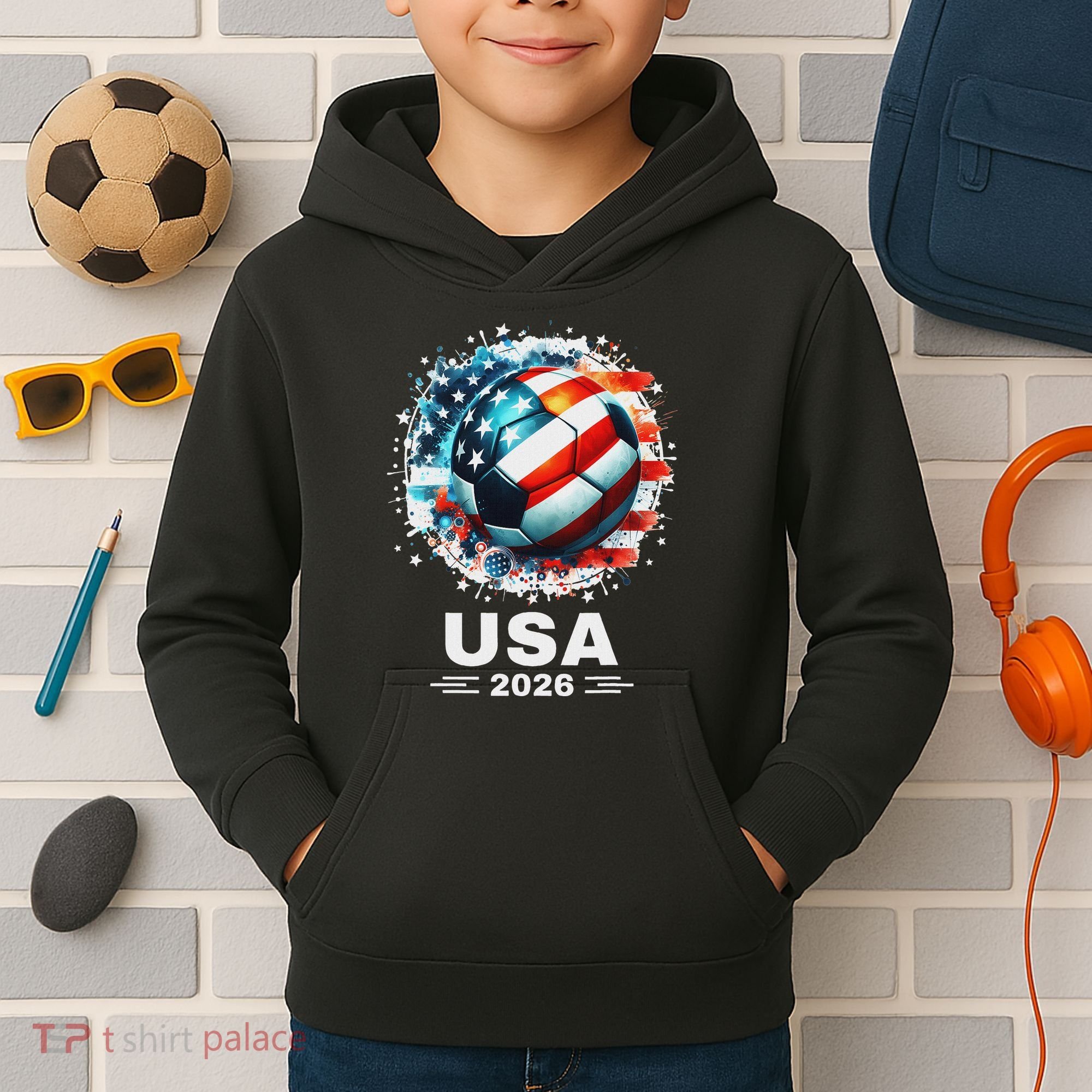 Soccer Apparel Soccer Player American Flag Cup Soccer 2026 Kids Hoodie