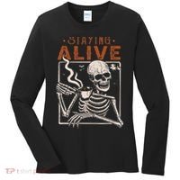 Staying Alive Skeleton Drink Coffee Funny Skeleton Skull Women's Long Sleeve Shirt thumb 0