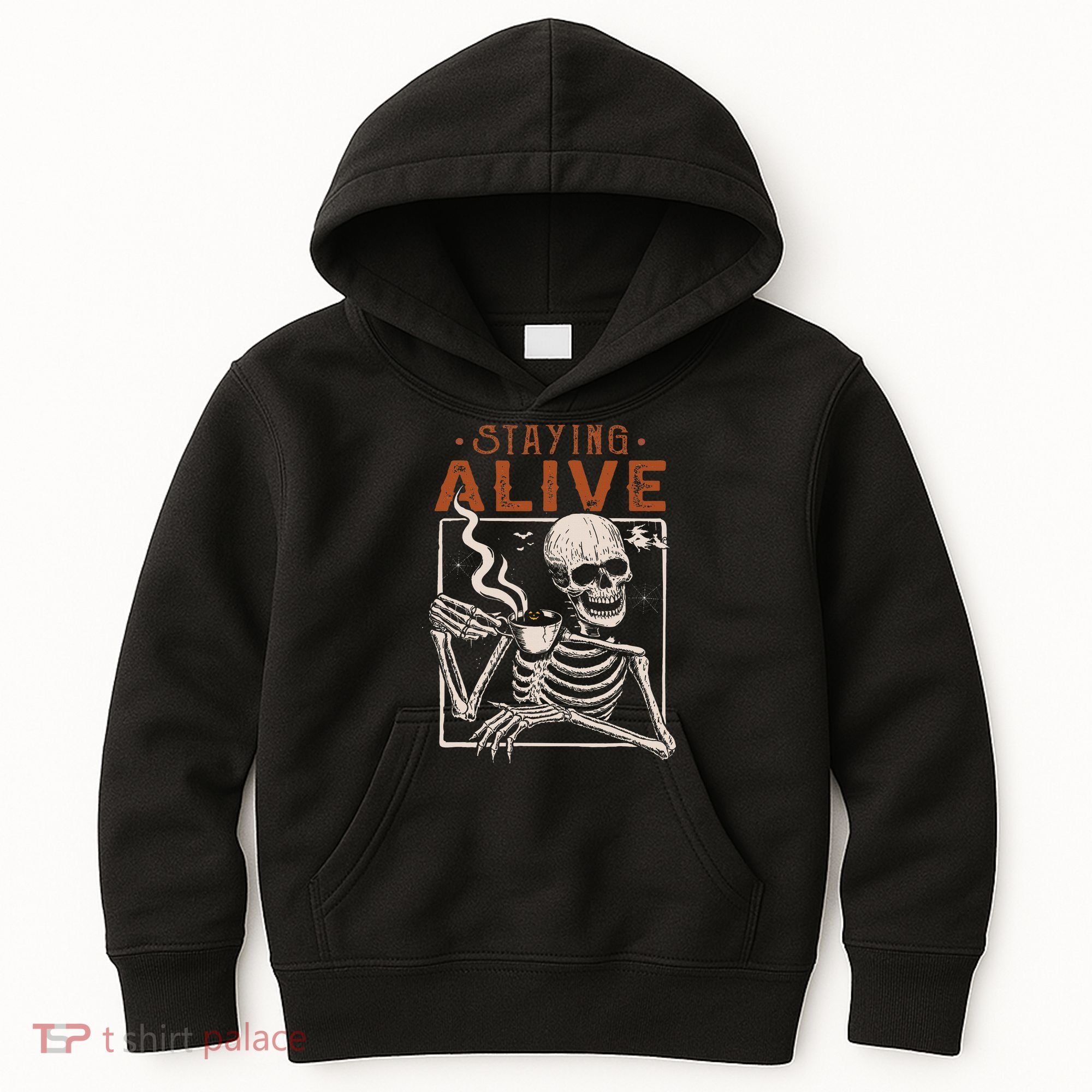 Staying Alive Skeleton Drink Coffee Funny Skeleton Skull Kids Hoodie