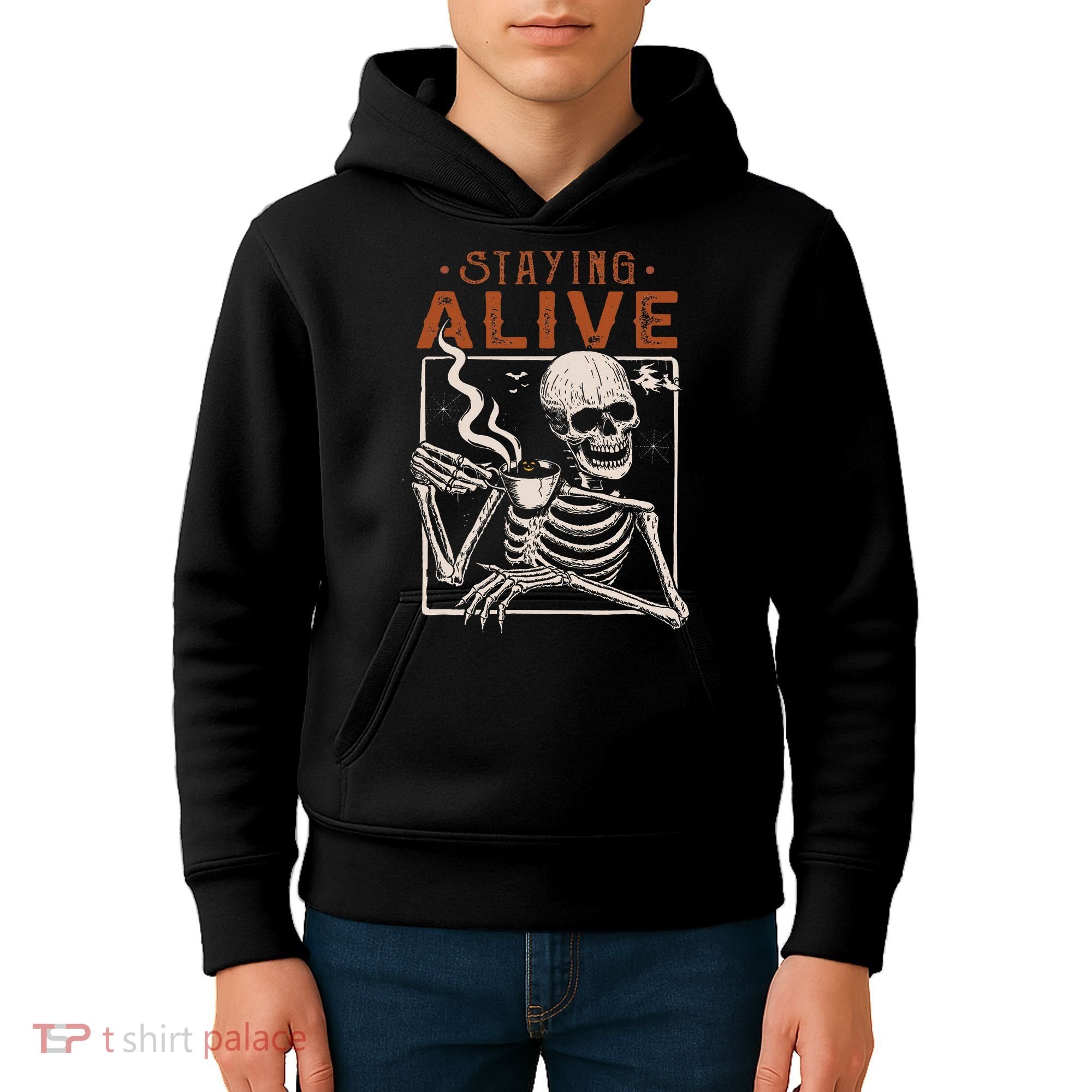 Staying Alive Skeleton Drink Coffee Funny Skeleton Skull Kids Hoodie