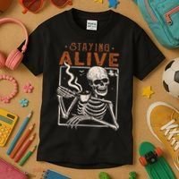 Staying Alive Skeleton Drink Coffee Funny Skeleton Skull Kids T-Shirt thumb 3