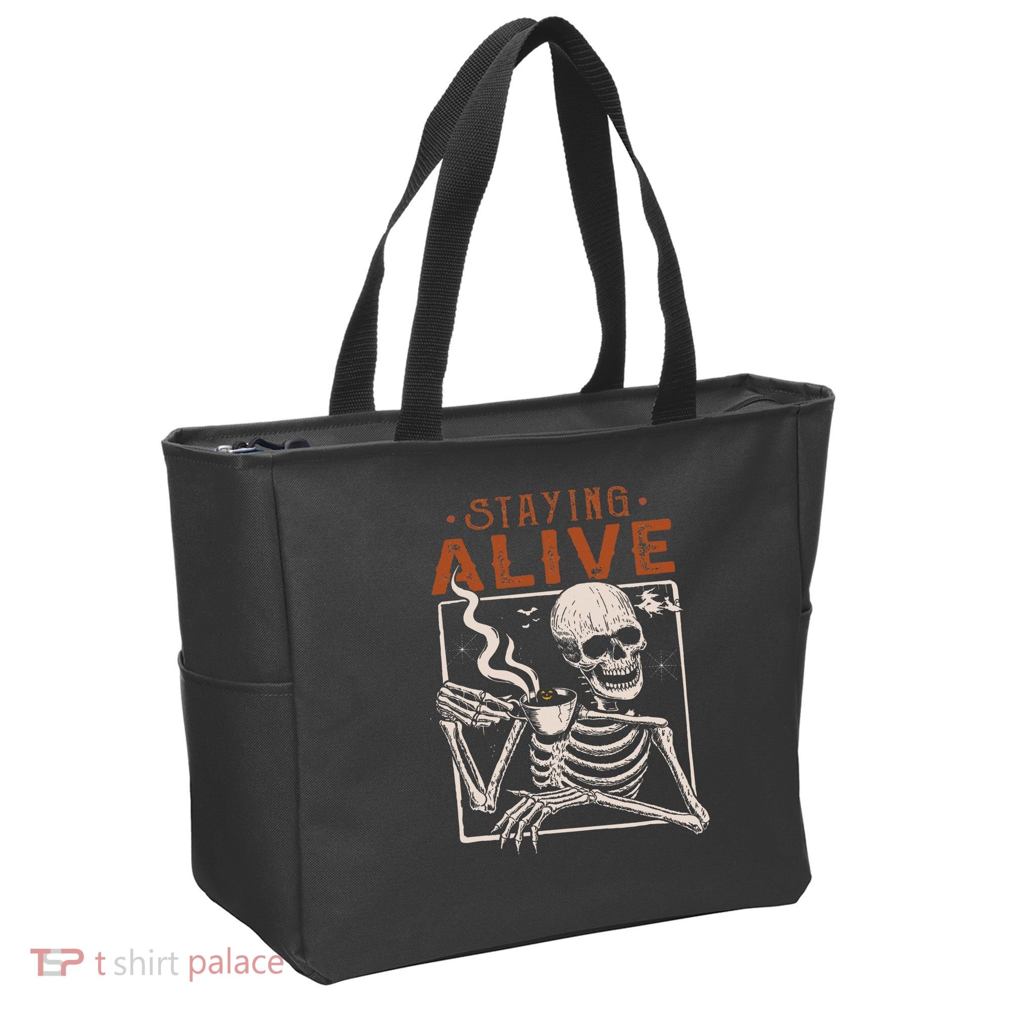 Staying Alive Skeleton Drink Coffee Funny Skeleton Skull Tote Bag