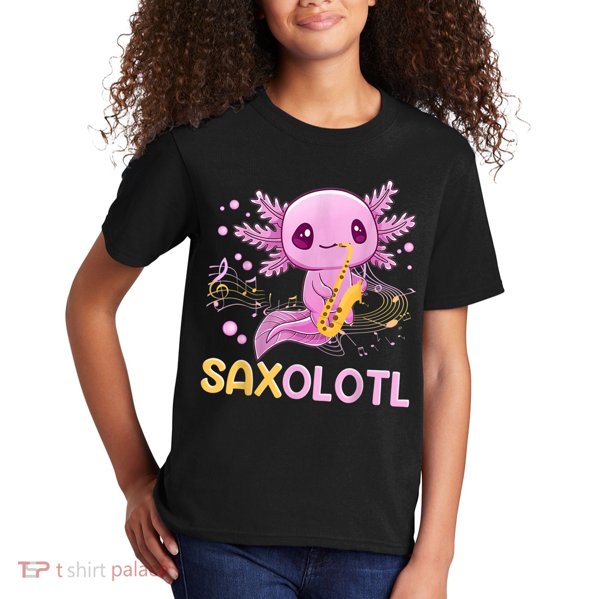 Saxolotl Adorable Saxophone Playing Funny Axolotl Gift Girls Kids T-Shirt