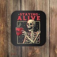 Staying Alive Skeleton Drink Coffee Funny Skeleton Skull Coaster thumb 0