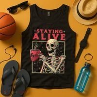 Staying Alive Skeleton Drink Coffee Funny Skeleton Skull Tank Top thumb 4