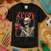 Staying Alive Skeleton Drink Coffee Funny Skeleton Skull Kids T-Shirt thumb 3