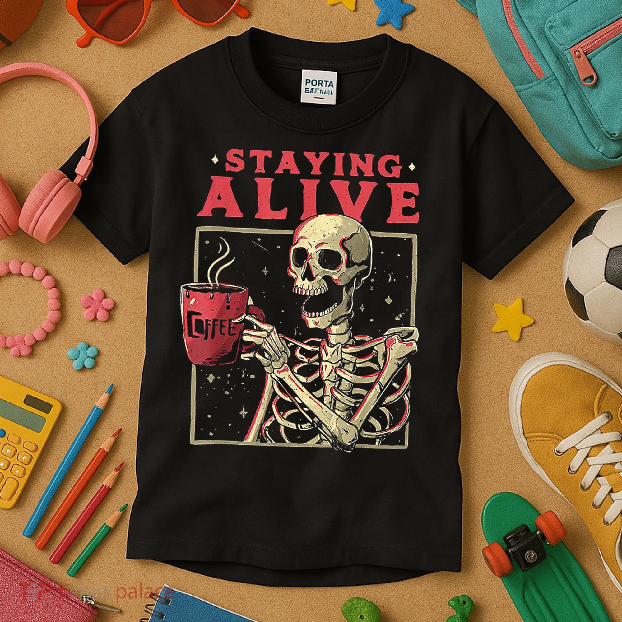 Staying Alive Skeleton Drink Coffee Funny Skeleton Skull Kids T-Shirt