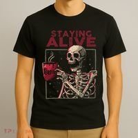 Staying Alive Skeleton Drink Coffee Funny Skull Halloween T-Shirt thumb 3