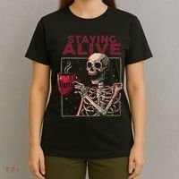 Staying Alive Skeleton Drink Coffee Funny Skull Halloween T-Shirt thumb 4