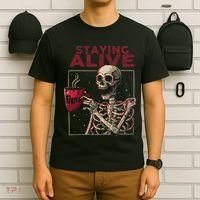 Staying Alive Skeleton Drink Coffee Funny Skull Halloween T-Shirt thumb 6