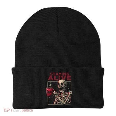 Staying Alive Skeleton Drink Coffee Funny Skull Halloween Beanie
