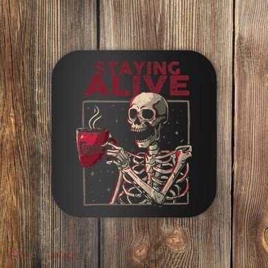 Staying Alive Skeleton Drink Coffee Funny Skull Halloween Coaster