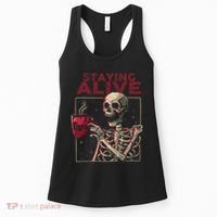 Staying Alive Skeleton Drink Coffee Funny Skull Halloween Women's Tank Top thumb 0