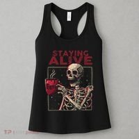 Staying Alive Skeleton Drink Coffee Funny Skull Halloween Women's Tank Top thumb 3