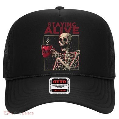 Staying Alive Skeleton Drink Coffee Funny Skull Halloween Hat