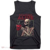 Staying Alive Skeleton Drink Coffee Funny Skull Halloween Tank Top thumb 0