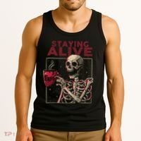 Staying Alive Skeleton Drink Coffee Funny Skull Halloween Tank Top thumb 3