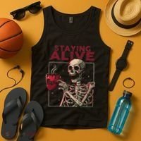 Staying Alive Skeleton Drink Coffee Funny Skull Halloween Tank Top thumb 4