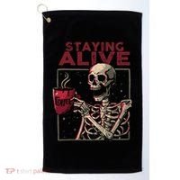 Staying Alive Skeleton Drink Coffee Funny Skull Halloween Golf Towel thumb 0