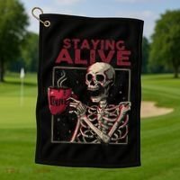 Staying Alive Skeleton Drink Coffee Funny Skull Halloween Golf Towel thumb 1