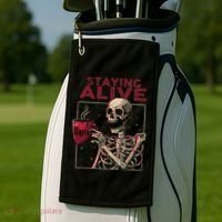Staying Alive Skeleton Drink Coffee Funny Skull Halloween Golf Towel thumb 2