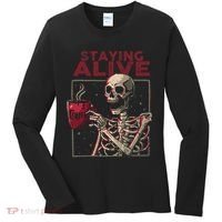 Staying Alive Skeleton Drink Coffee Funny Skull Halloween Women's Long Sleeve Shirt thumb 0