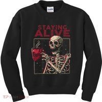 Staying Alive Skeleton Drink Coffee Funny Skull Halloween Kids Sweatshirt thumb 0