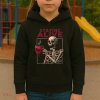 Staying Alive Skeleton Drink Coffee Funny Skull Halloween Kids Hoodie thumb 3