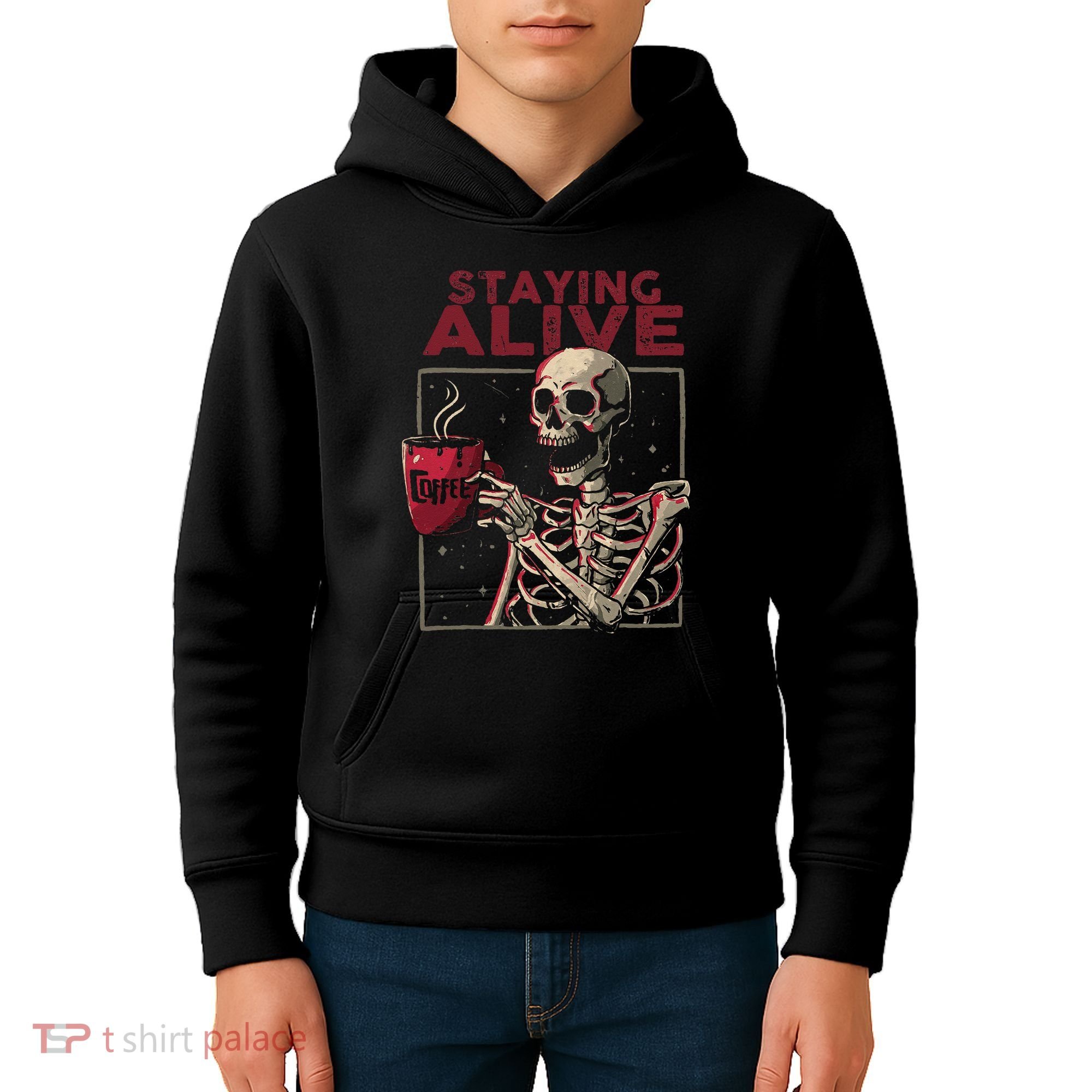 Staying Alive Skeleton Drink Coffee Funny Skull Halloween Kids Hoodie