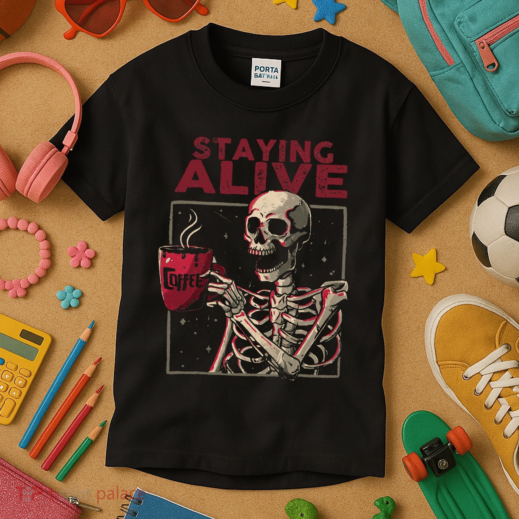 Staying Alive Skeleton Drink Coffee Funny Skull Halloween Kids T-Shirt