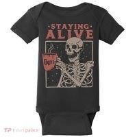 Staying Alive Skeleton Drink Coffee Funny Skeleton Skull Baby Bodysuit thumb 0