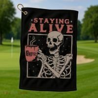 Staying Alive Skeleton Drink Coffee Funny Skeleton Skull Golf Towel thumb 1