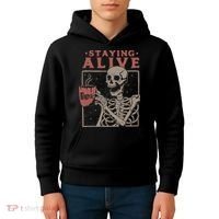Staying Alive Skeleton Drink Coffee Funny Skeleton Skull Kids Hoodie thumb 4
