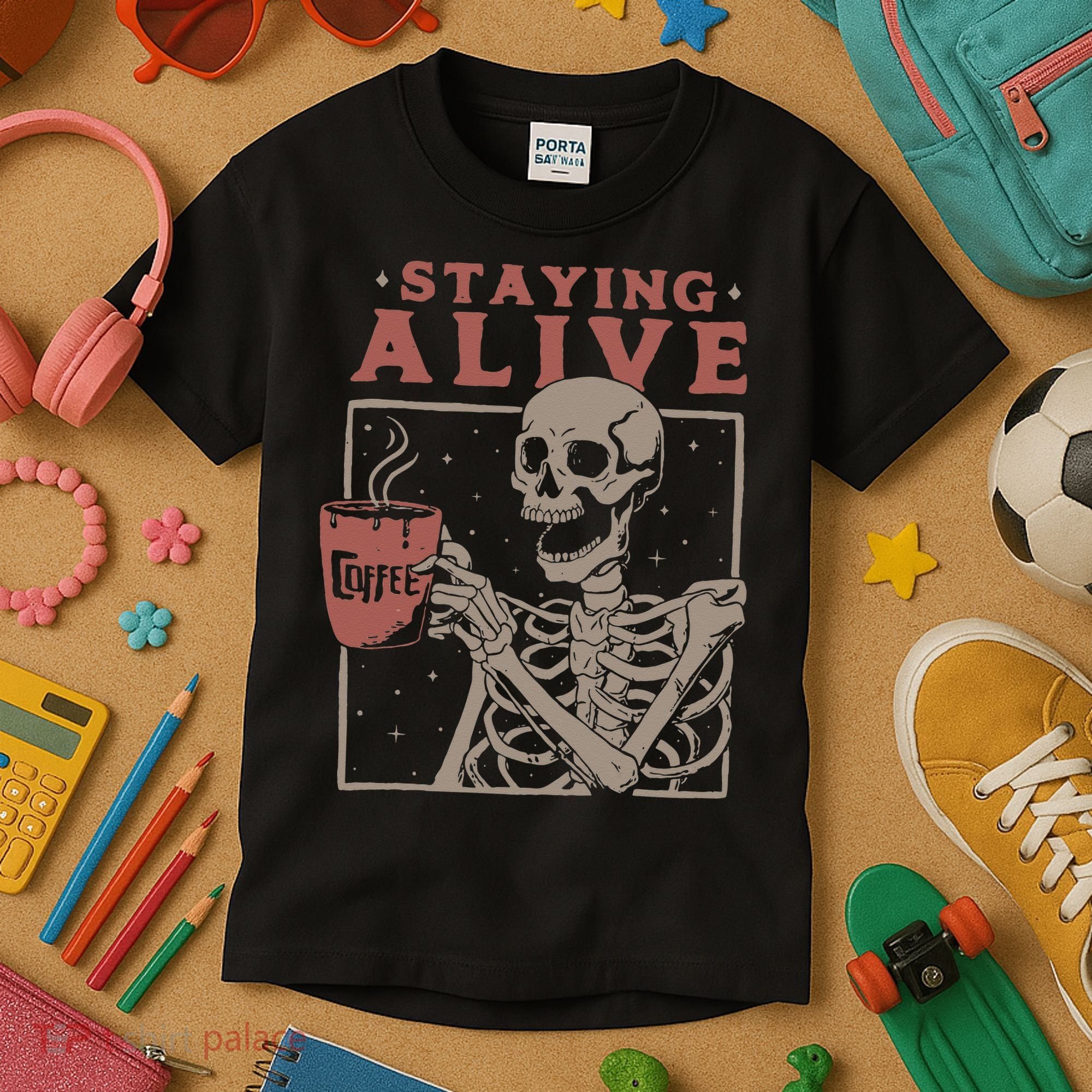 Staying Alive Skeleton Drink Coffee Funny Skeleton Skull Kids T-Shirt