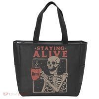 Staying Alive Skeleton Drink Coffee Funny Skeleton Skull Tote Bag thumb 0